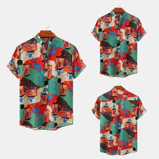 男夏威夷短袖印花衬衫Hawaiian short sleeved plaid print shirt