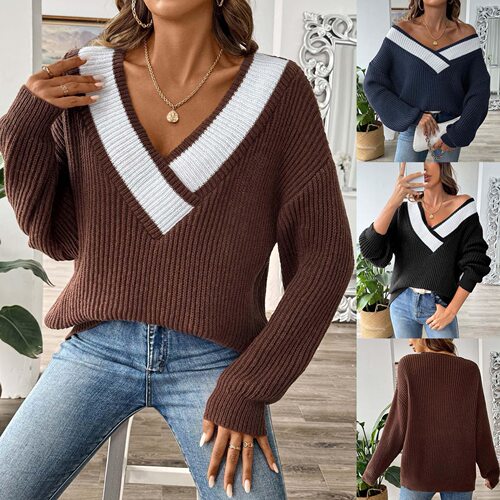 Color blocking patchwork V-neck sweater女撞色拼接v领宽松毛衣