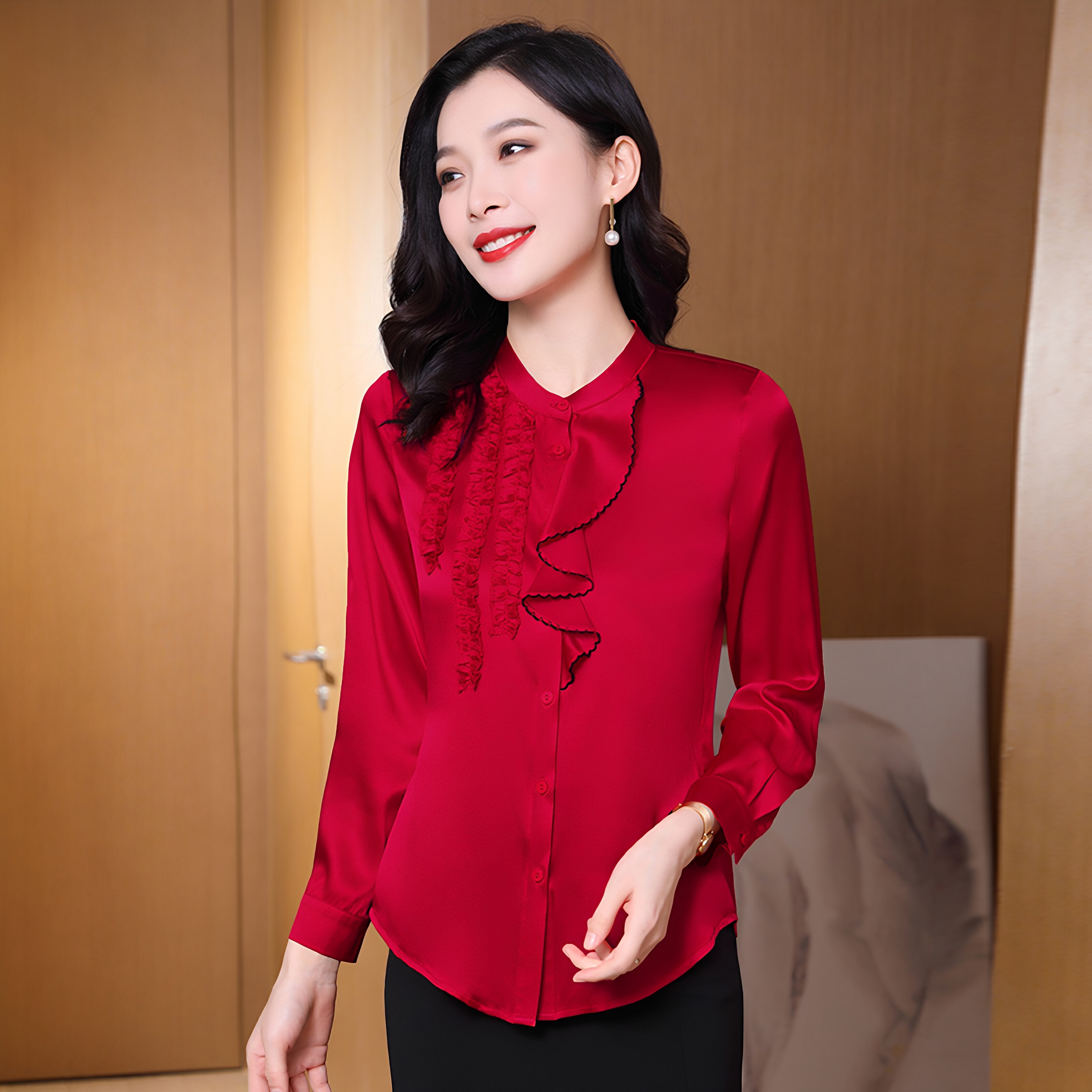 高端真丝答谢宴长袖衬衫春秋季桑蚕丝上衣女新娘婚宴敬酒红色衬衣