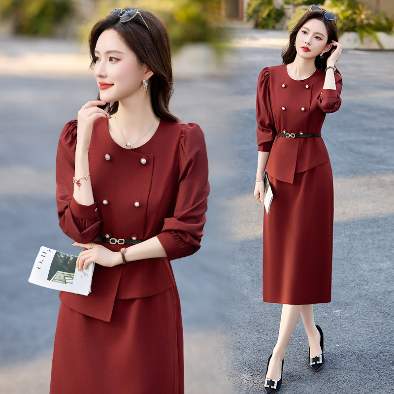 红色假两件连衣裙高级感职业裙子
