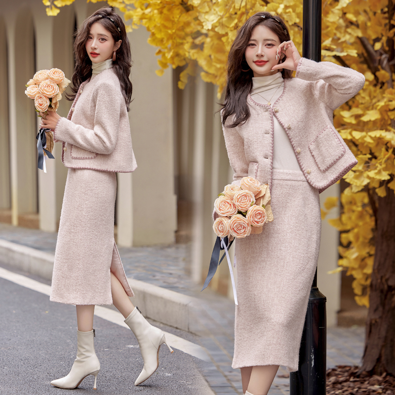 小香风羽绒服套装裙女毛呢两件套