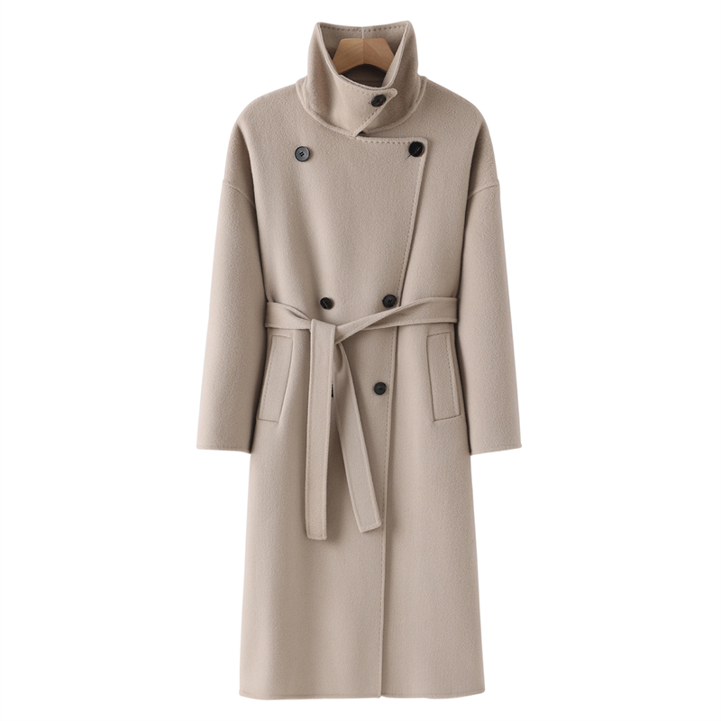 时尚洋气高端双面羊绒大衣女系带宽松秋冬新款加厚中长羊毛呢外套