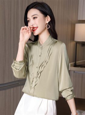 红色重磅真丝衬衫女2026春装新款立领荷叶边气质女人味真丝上衣