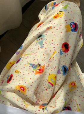 韩版少女芝麻街印花睡裤女长裤夏季新款松紧腰直筒遛弯裤休闲裤子