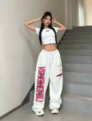 子女hiphop嘻哈宽松高腰直筒抽绳休闲拖地裤 美式 街头爵士舞运动裤