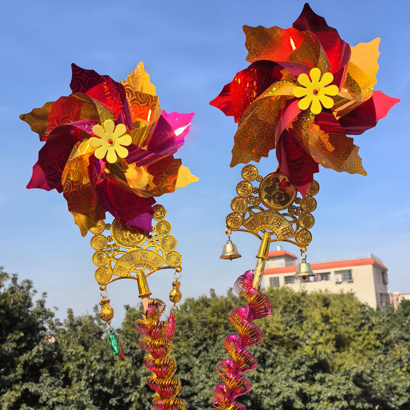 传统庙会转运花市风车热卖财神观音双花通济桥参拜过年摆摊大单花