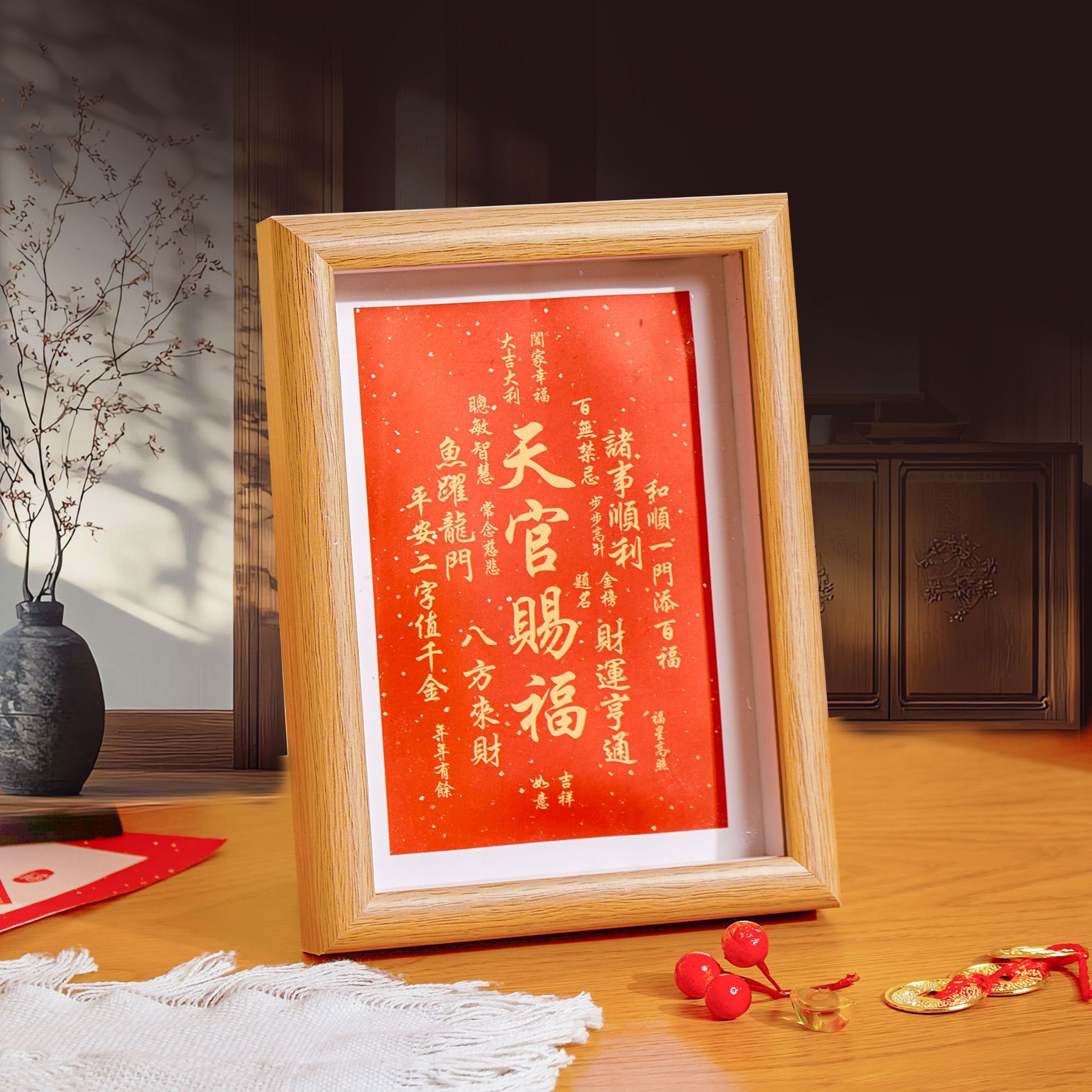 天官赐福字画摆件办公室桌面书法摆台新中式客厅红色喜庆装饰相框