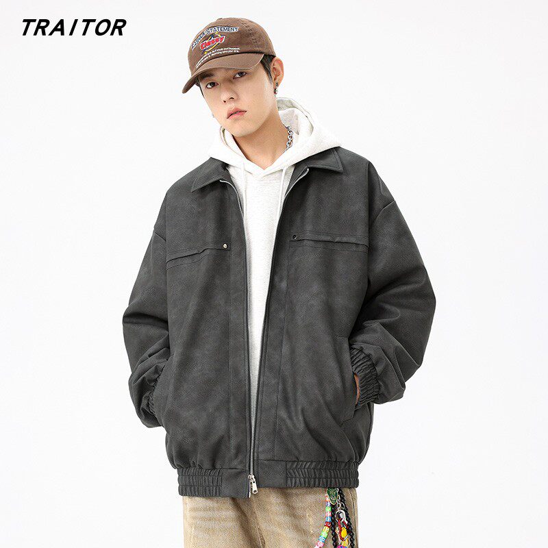 美式潮牌PU皮衣男士秋冬季高街加绒加厚机车服夹克宽松休闲外套潮