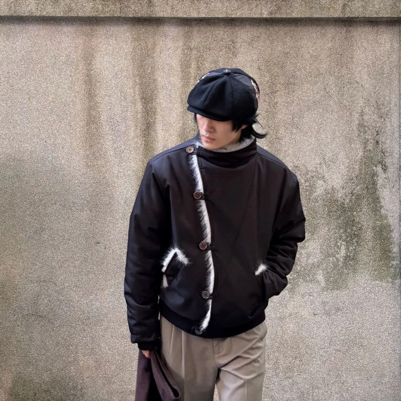 韩国 一件过冬 水貂毛天丝旧银扣交襟bomber游牧加绒加厚外套棉服