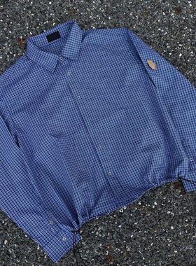 韩国 皇家蓝色miu系秋冬百搭格纹抽绳cleanfit立体短宽长袖衬衫