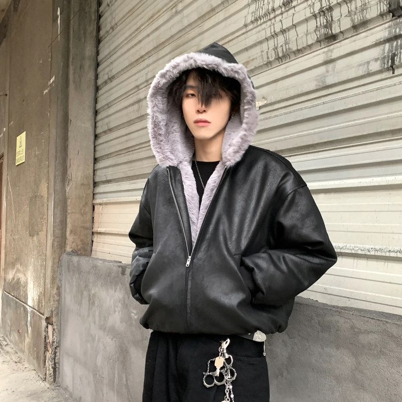 韩国 霜冻裂纹皮1500G仿水貂连帽座山雕棉服冬季超厚保暖棉衣外套