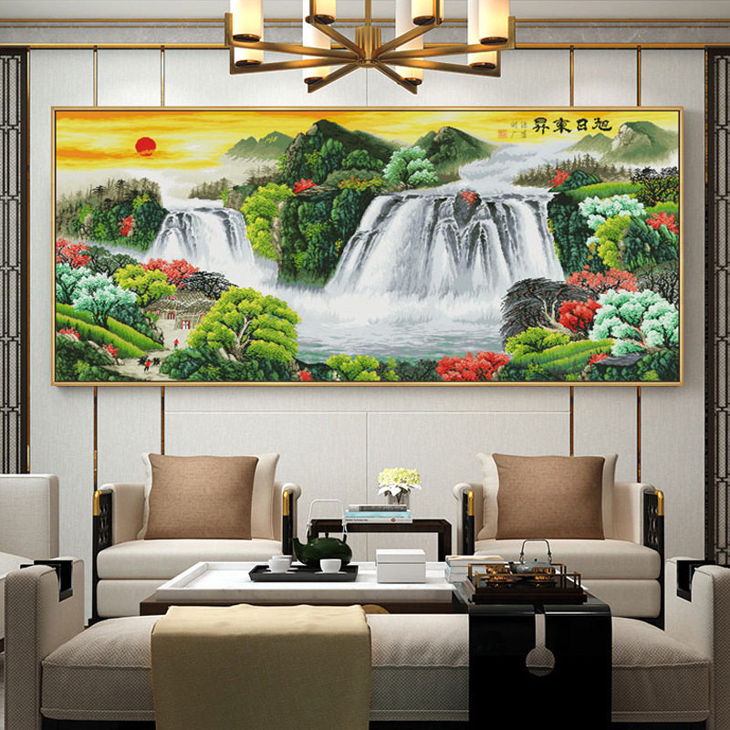 精准印花钻石画十字绣流水生财旭日东升山水风景画自绣点贴钻石绣