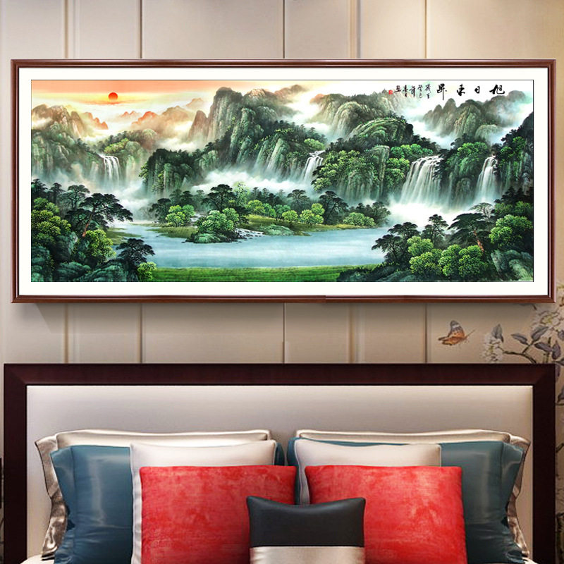 精准印花钻石画十字绣流水生财山水风景画旭日东升横板手工自绣画