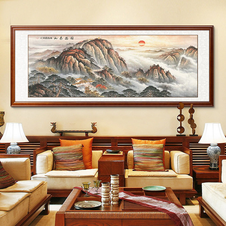 客厅日出泰山风景横幅沙发背景画手工棉线刺绣自己绣十字绣
