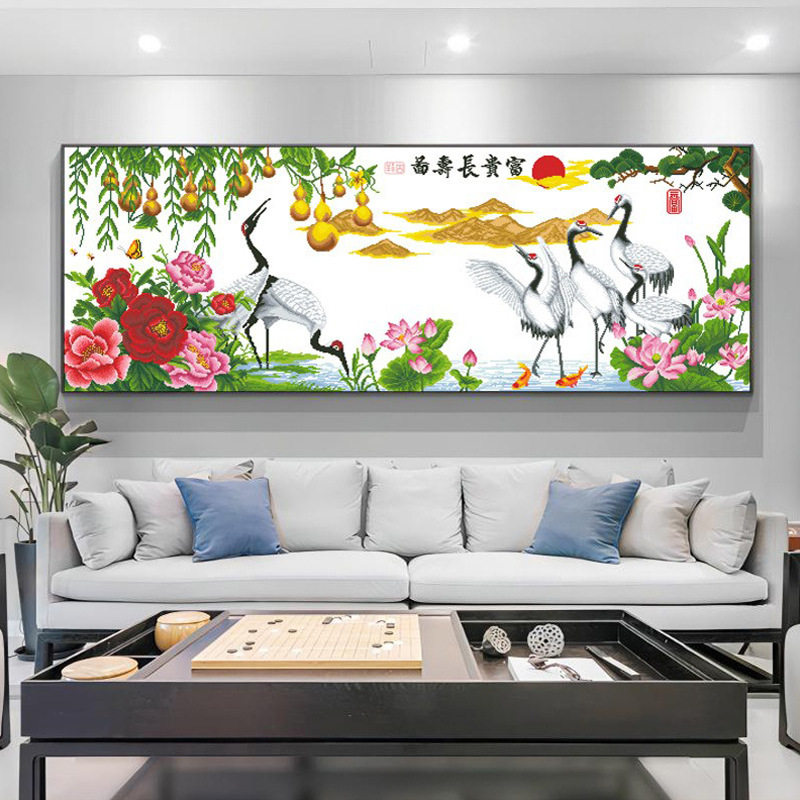 正品精准印花十字绣中国风富贵长寿图横幅手工自己线刺绣画仙鹤图