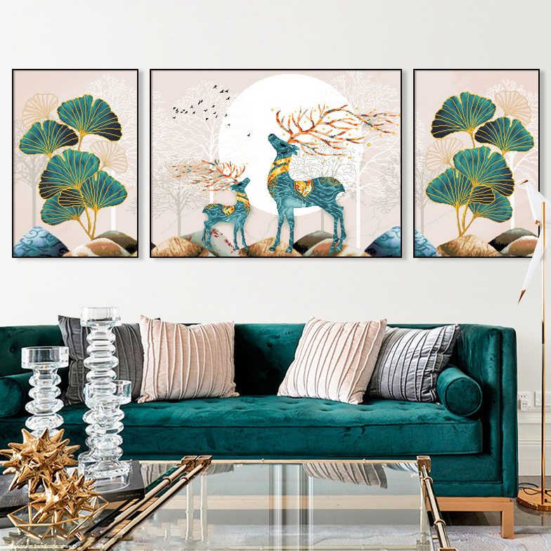 正品精准印花十字绣新款客厅线绣中国风麋鹿三联画手工自绣画