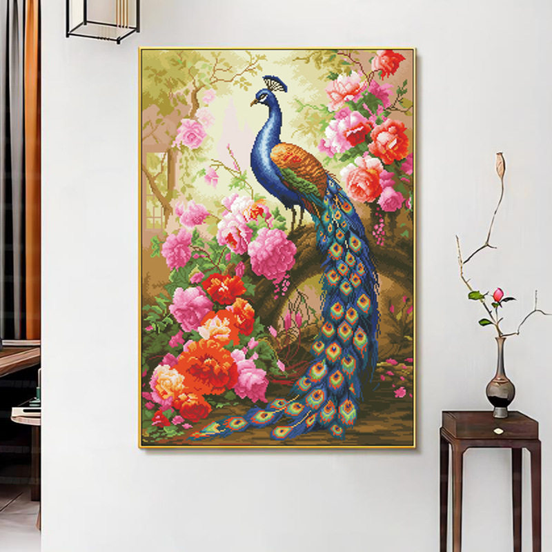 精准印花十字绣2025客厅竖版玄关刺绣富贵牡丹花开孔雀图手工线绣