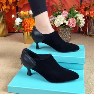 春大东高跟低跟磨砂绒面皮鞋女2024新款秋冬百搭尖头真皮深口单鞋