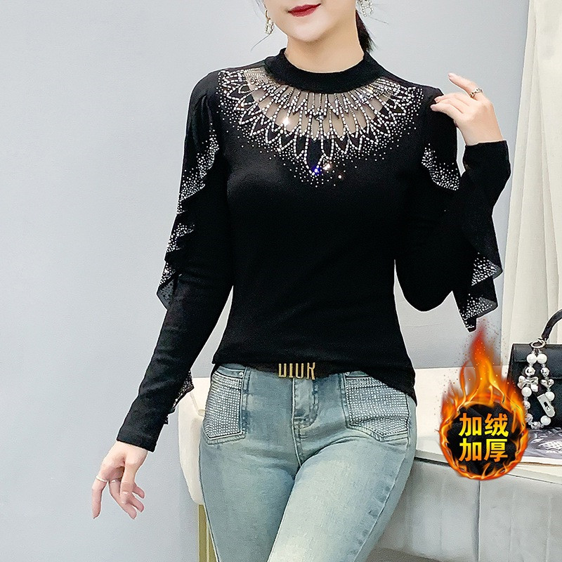 半高领烫钻荷叶边长袖打底衫T恤