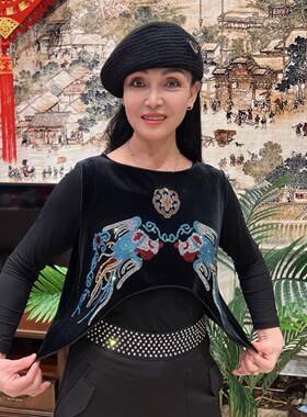 冬冬老师同款凤凰马甲金丝绒彩钻外穿背心无袖小衫广场舞蹈上衣女