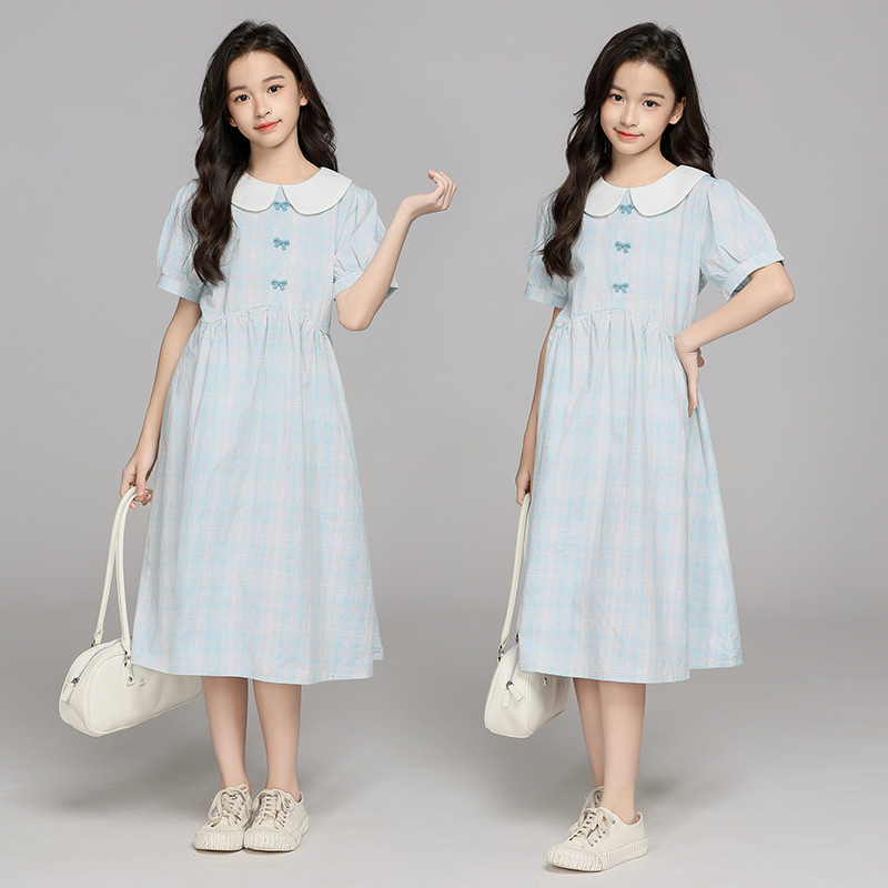 中大童8连衣裙夏季9娃娃领格子裙2025儿童女孩甜美学院风裙子13岁