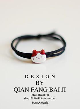 可爱猫咪熊猫小动物头绳原创手作发饰精致扎头发圈黑色皮筋发绳新