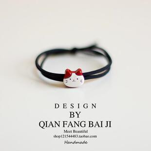 可爱猫咪熊猫小动物头绳原创手作发饰精致扎头发圈黑色皮筋发绳新