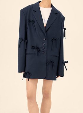 2024年春秋欧美跨境新款时尚气质深蓝色蝴蝶结装饰西装外套轻熟风