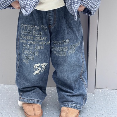 小豆仔冬款男女童刺绣加绒牛仔裤