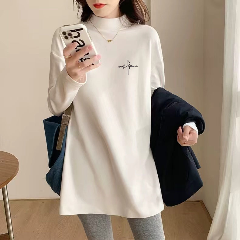 德绒加绒加厚保暖长袖T恤女宽松秋冬新款上衣打底衫半高领中长款