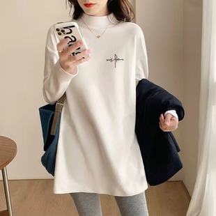 德绒加绒加厚保暖长袖T恤女宽松秋冬新款上衣打底衫半高领中长款
