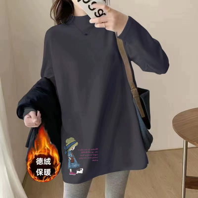 德绒中长款长袖t恤女2025秋冬新款加绒半高领宽松打底衫内搭上衣