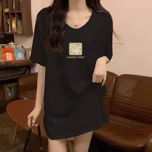 中长款 2026年新款 t恤女胖mm洋气纯棉大码 欧货短袖 V领上衣ins 爆款