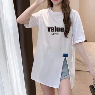 白色（圆领正品）95纯棉2025夏新款短袖中长款T恤设计感上衣女ins