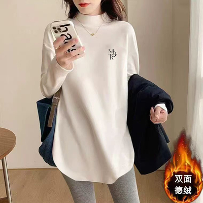 德绒加厚长袖半高领t恤女2025秋冬新款不规则中长款打底衫上衣ins