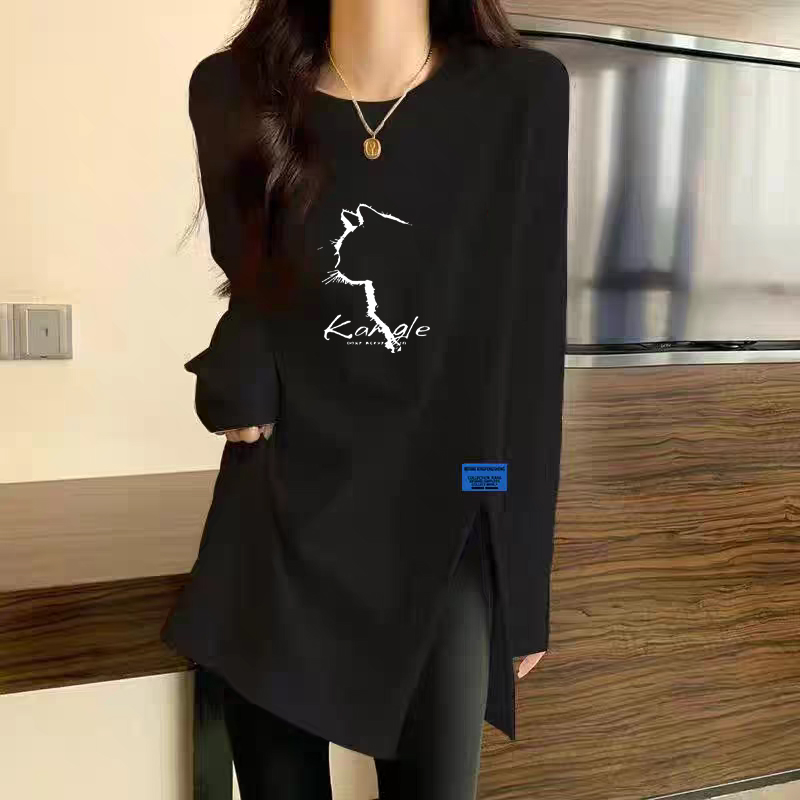 秋冬打底衫女新款纯棉中长款t恤设计感小众开叉宽松内搭长袖上衣