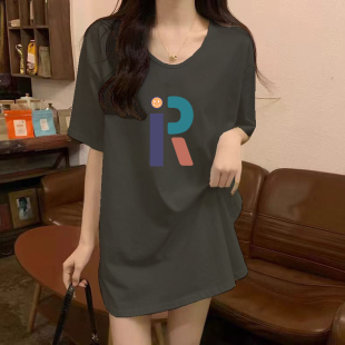 灰色（V领正品）95纯棉2025夏新款短袖中长款T恤设计感上衣女ins