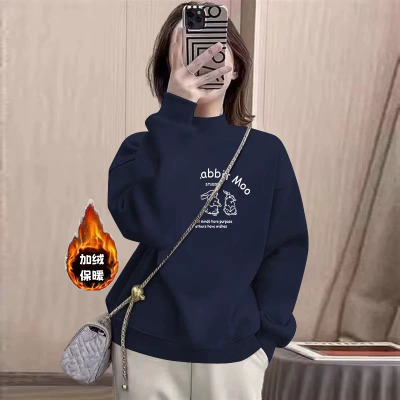 纯棉加绒加厚卫衣女2025秋冬新款爆款时尚半高领洋气套头长袖上衣