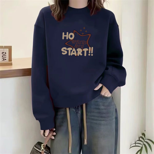 圆领卫衣女宽松2026新款秋冬季加绒加厚无帽藏青色女款巨好看上衣