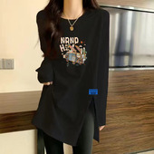 长袖 2025年衣秋冬季 保暖设计感开叉德绒加厚宽松中长款 t恤上衣女