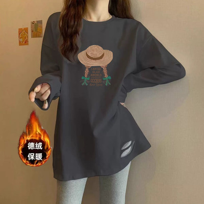 德绒鲨鱼裤搭配的上衣T恤女遮臀秋冬中长款长袖百搭打底衫遮屁股