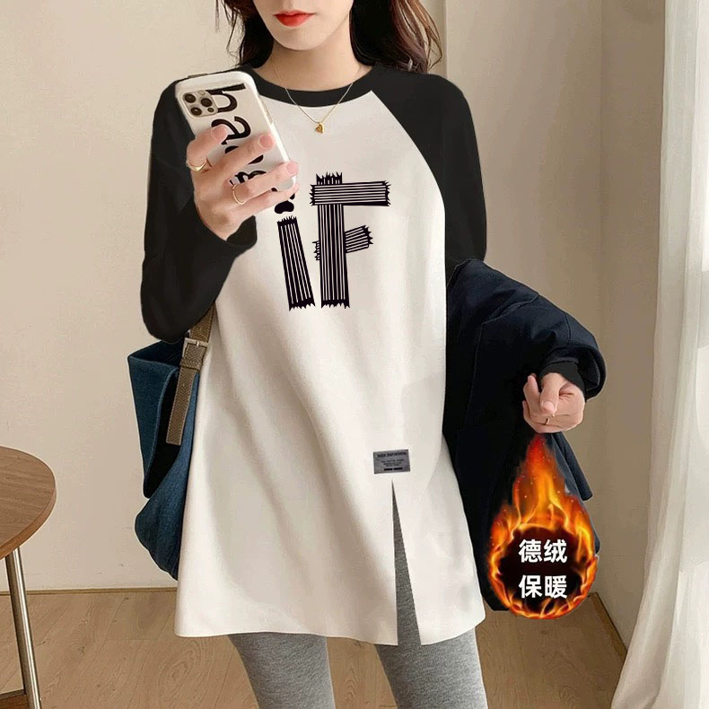 德绒搭配鲨鱼裤的上衣中长款长袖T恤女秋冬时尚潮流遮屁股打底衫