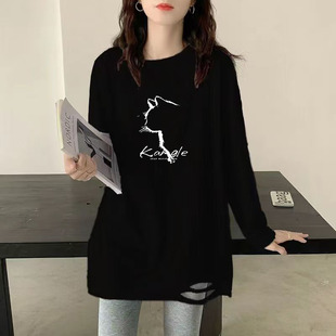 纯棉欧货打底衫女2026秋冬中长款宽松圆领破洞版显瘦长袖t恤上衣
