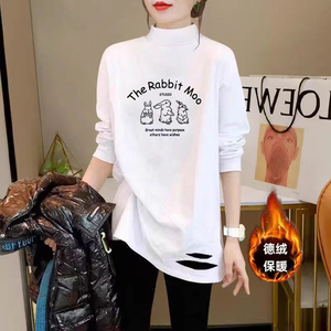 2024秋冬德绒加绒破洞打底衫女洋气宽松显瘦百搭中长款半高领上衣