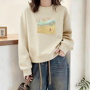 纯棉杏色短款卫衣女2025新款秋冬欧货无帽小个子洋气印花长袖上衣