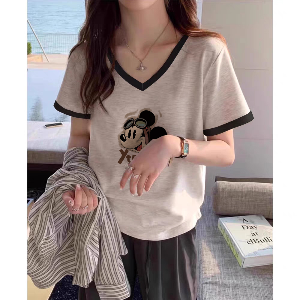 2025夏季花灰色V领短袖t恤女设计感小众纯棉宽松显瘦休闲撞色上衣