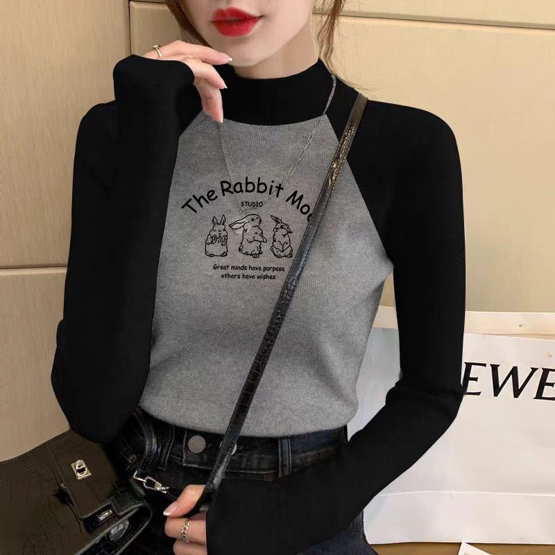 纯棉插肩袖拼接撞色T恤女打底衫2025秋冬半高领修身显瘦百搭上衣