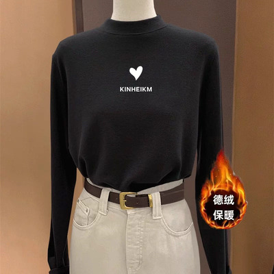 双面德绒打底衫女2025秋冬新款加绒加厚长袖t恤可外穿半高领上衣