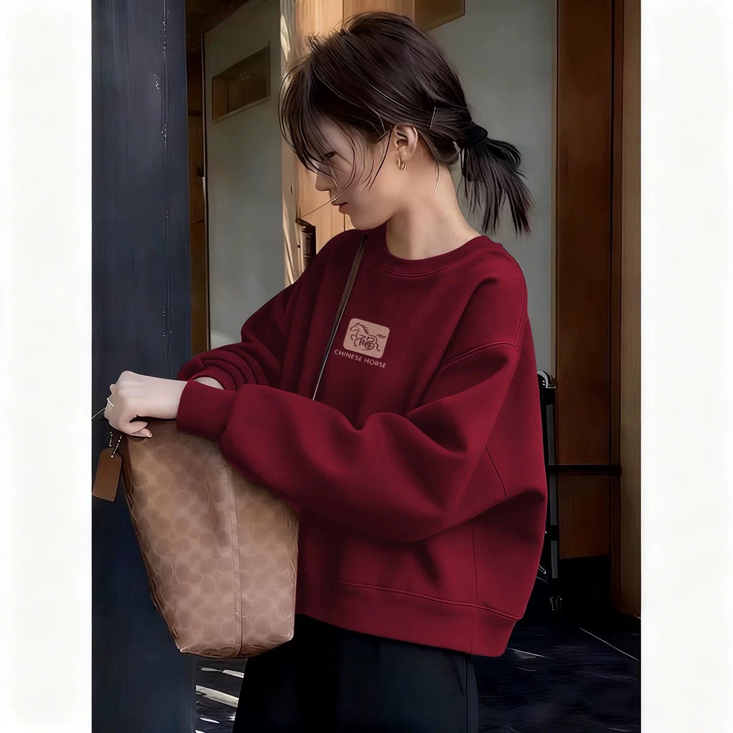 纯棉2026春秋冬本命年大红色过年长袖卫衣女圆领马年加绒加厚上衣