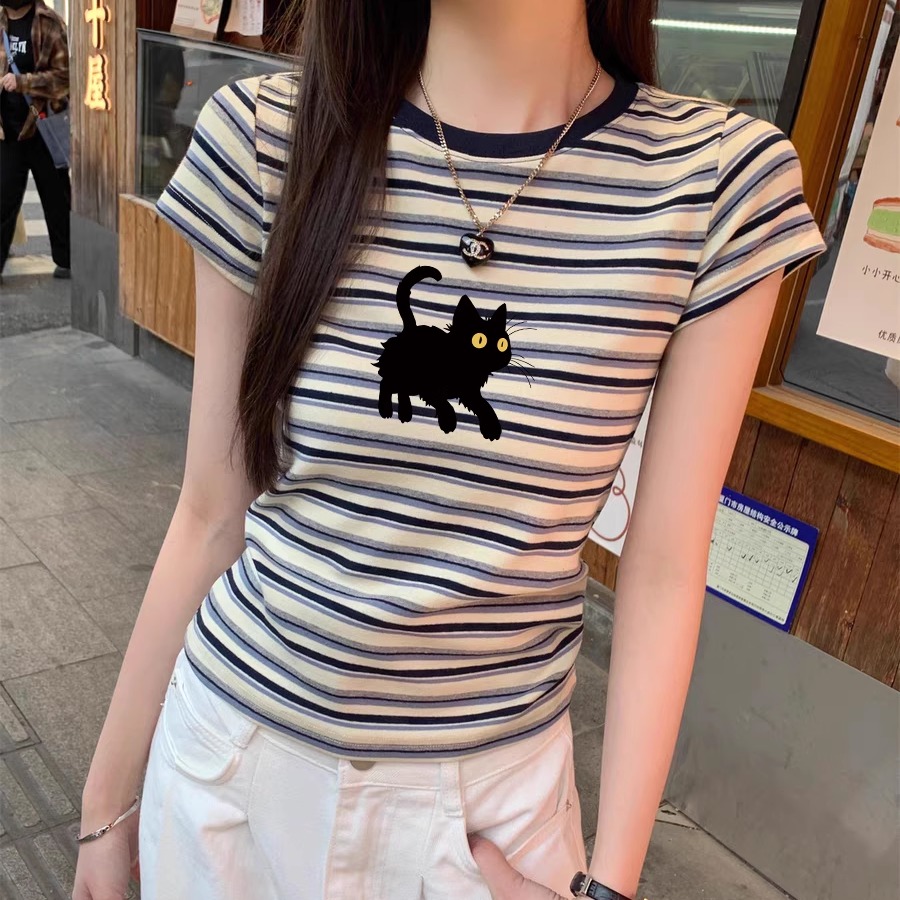 纯棉正肩t恤女短袖夏季2025新款修身显瘦撞色条纹小众时尚上衣ins